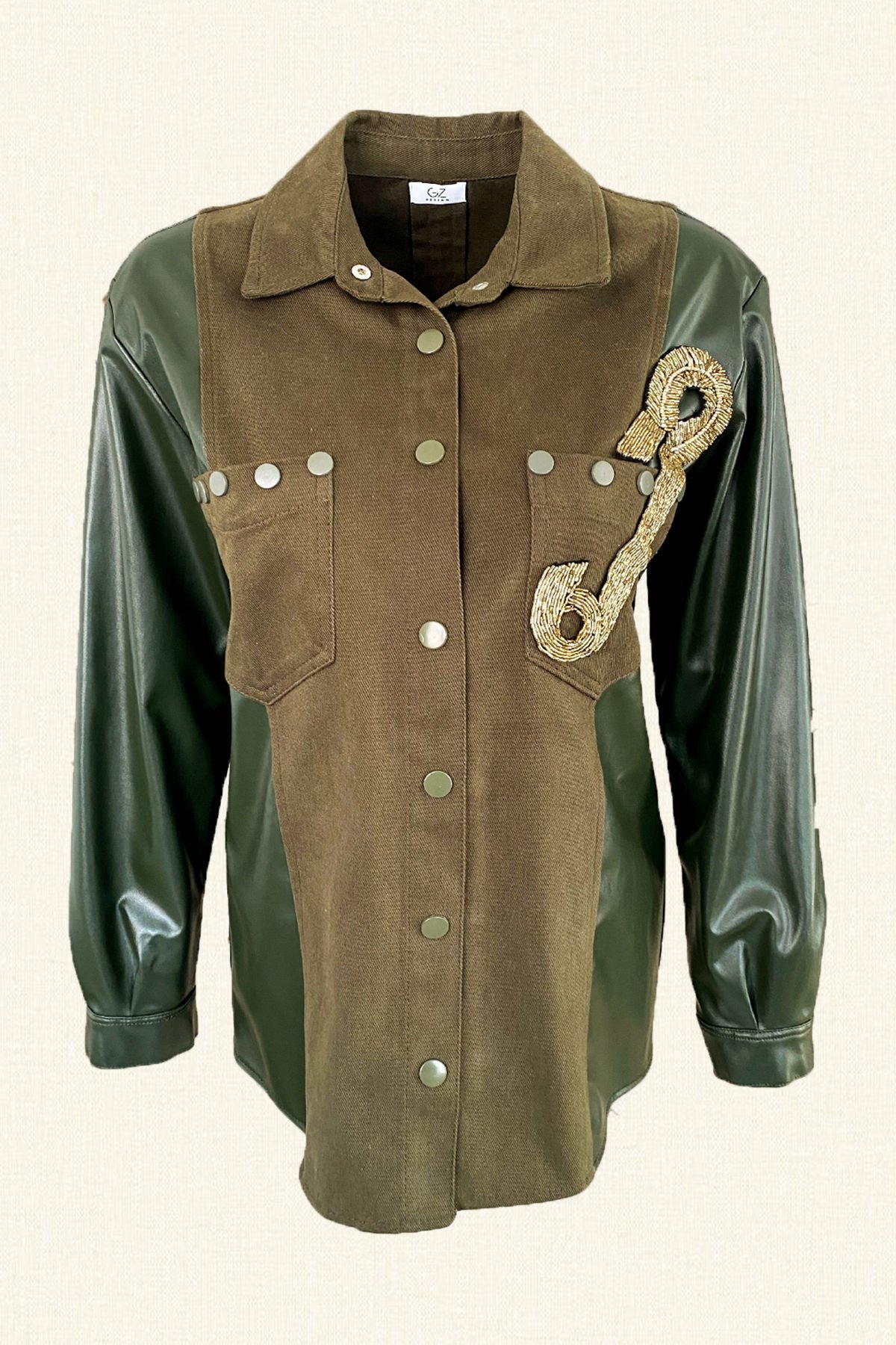 Gold Çengelli İğne İşlemeli Kolları Deri Detay Yeşil Jean Ceket