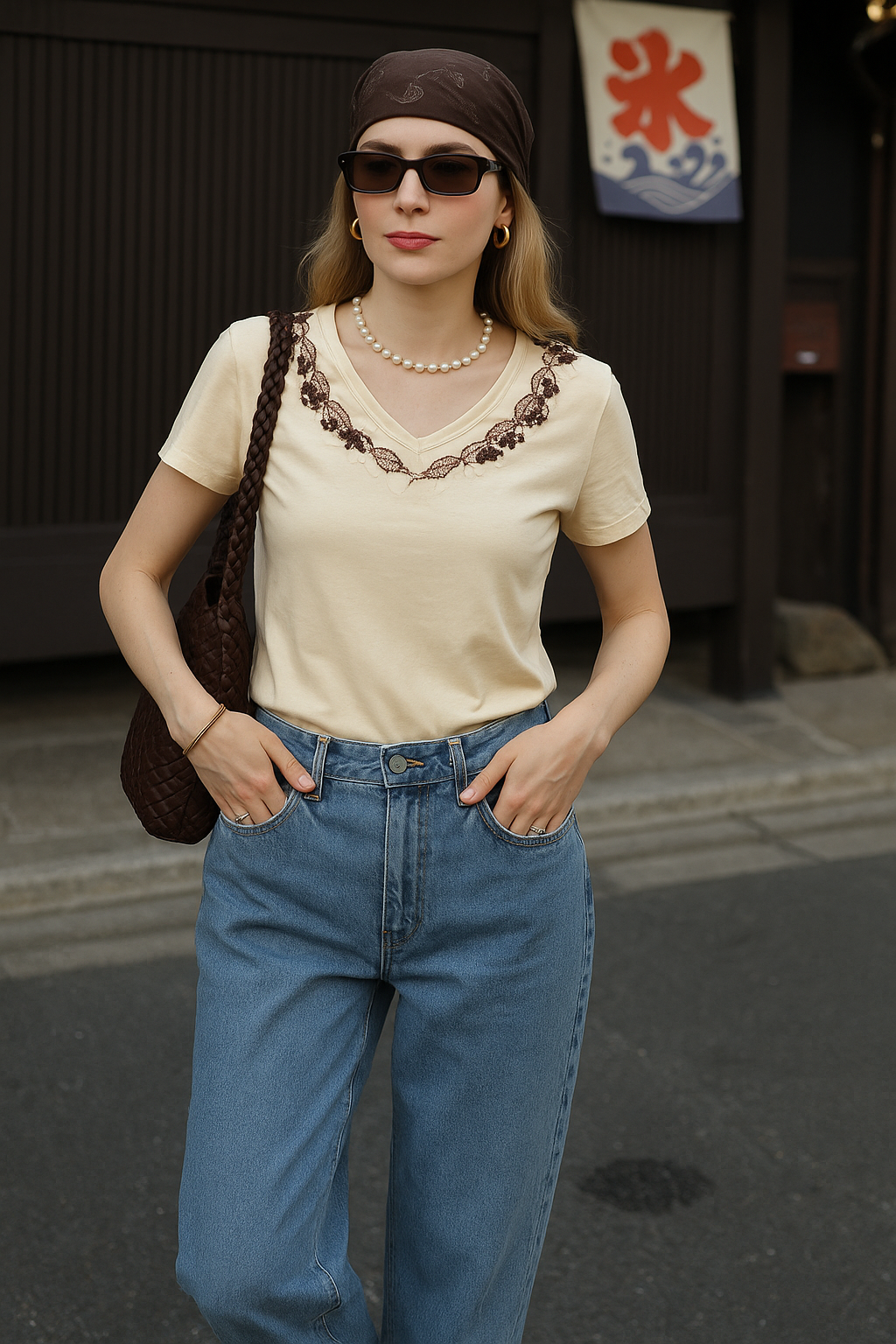 Beyaz Tül Üzeri Boncuk İşlemeli Krem V-Yaka Tişört