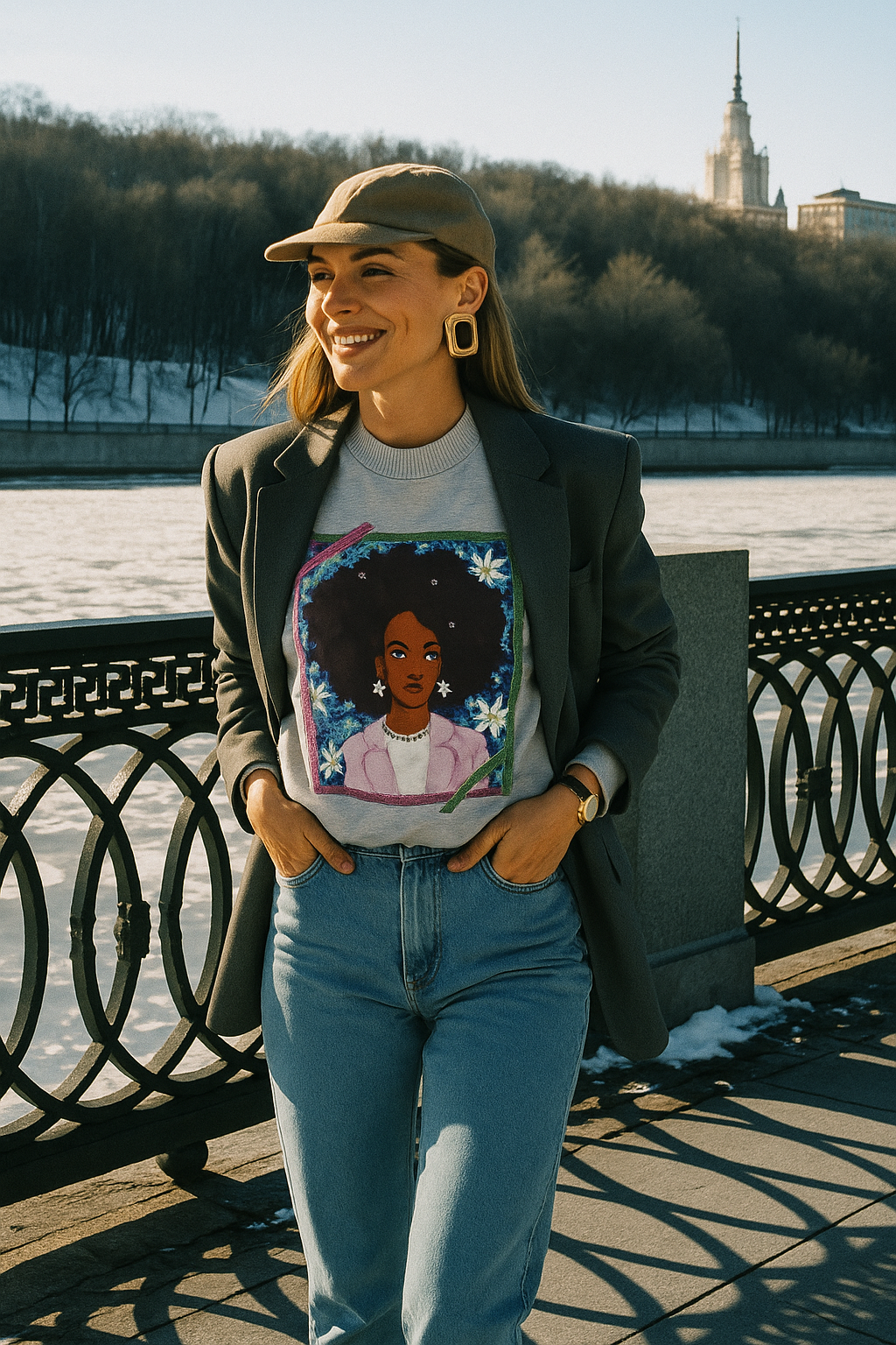 Zenci Motifli Gri Polar Sweatshirt