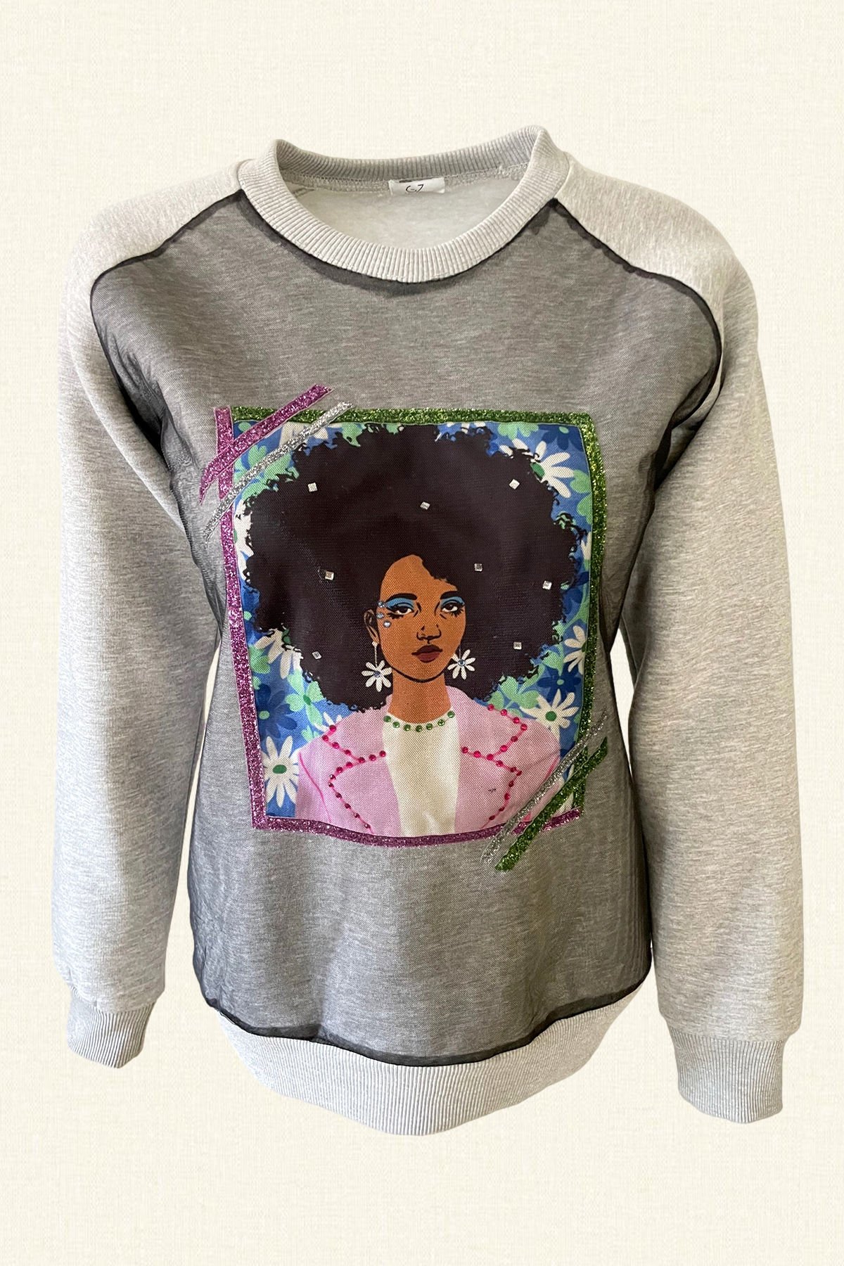 Zenci Motifli Gri Polar Sweatshirt