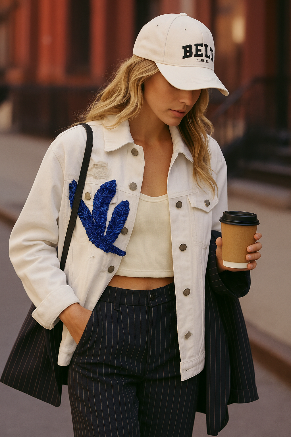 Mavi Yaprak İşlemeli Beyaz Oversize Jean Ceket